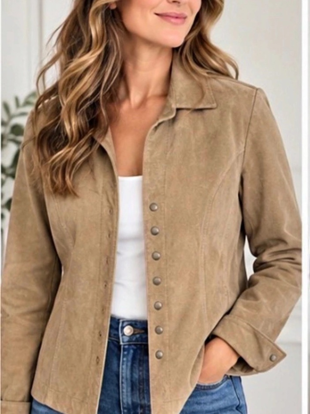Christopher & Banks 100% Leather Tan Suede Jacket Western Snap Front Vintage